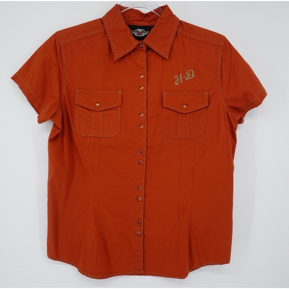 Harley Davidson Shirt Women Rust Orange Embroidered Button Up Short Sleeve small